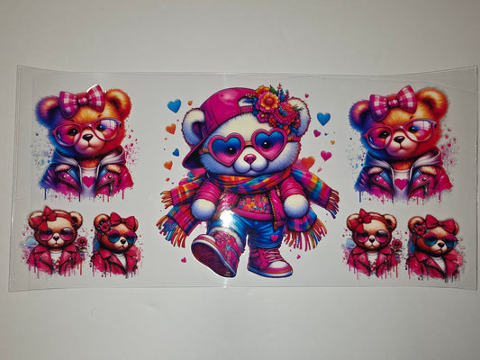 Vibrant Teddy Bear Tumbler Wrap - Pink, Blue, Rainbow Hearts & Flowers - Sublimation Design