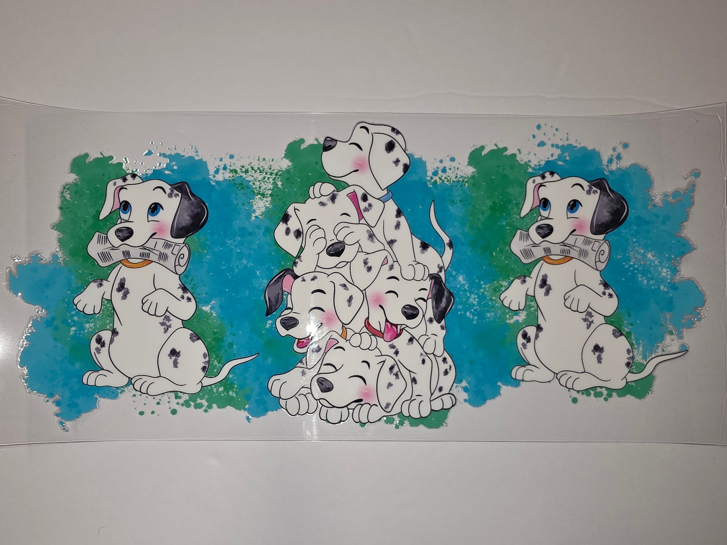 Cute Dalmatian Puppies Tumbler Wrap - Blue & Green Splatter Design