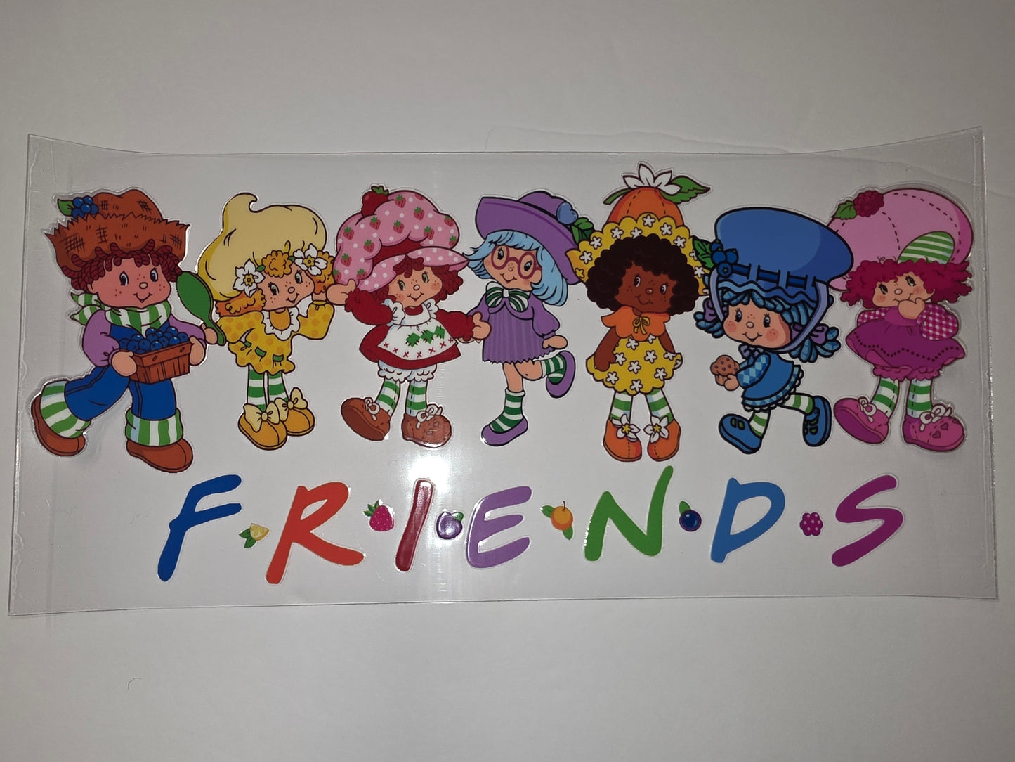 Strawberry Friends Tumbler Wrap | Retro Cartoon Characters | Pink, Blue, Green, Yellow