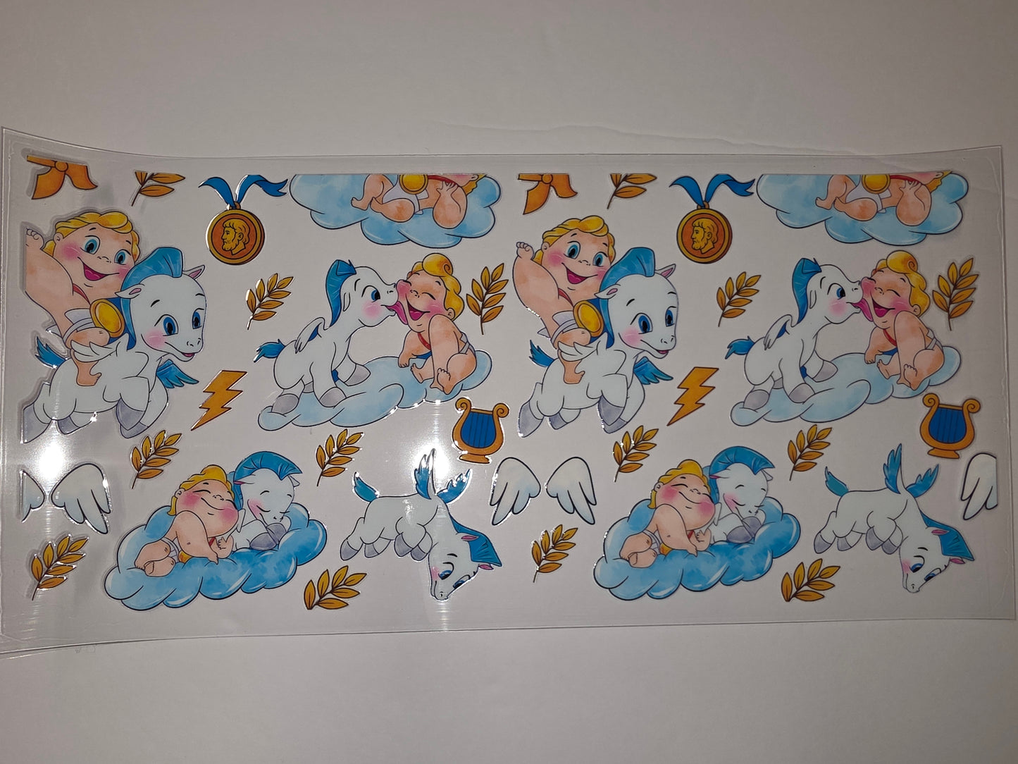 Cute Baby Pegasus & Cherub Tumbler Wrap - Blue Clouds & Gold Accents