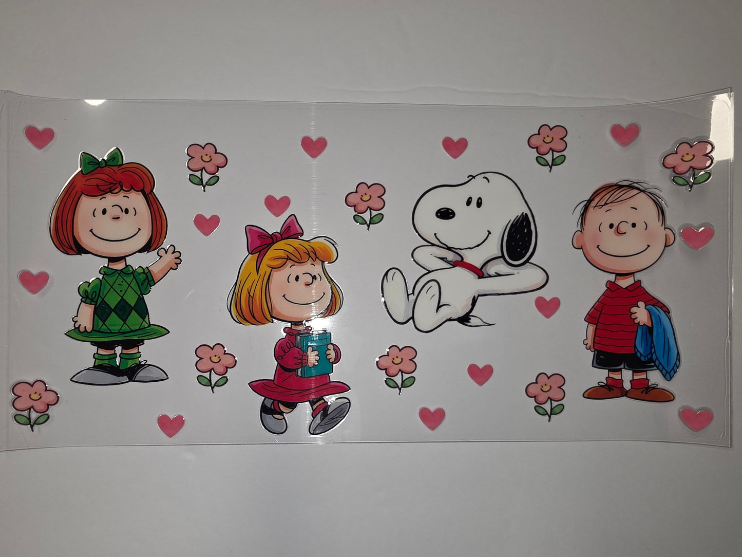 Peanuts Gang Tumbler Wrap - Snoopy, Charlie Brown, Lucy, Sally - Pink Hearts & Flowers
