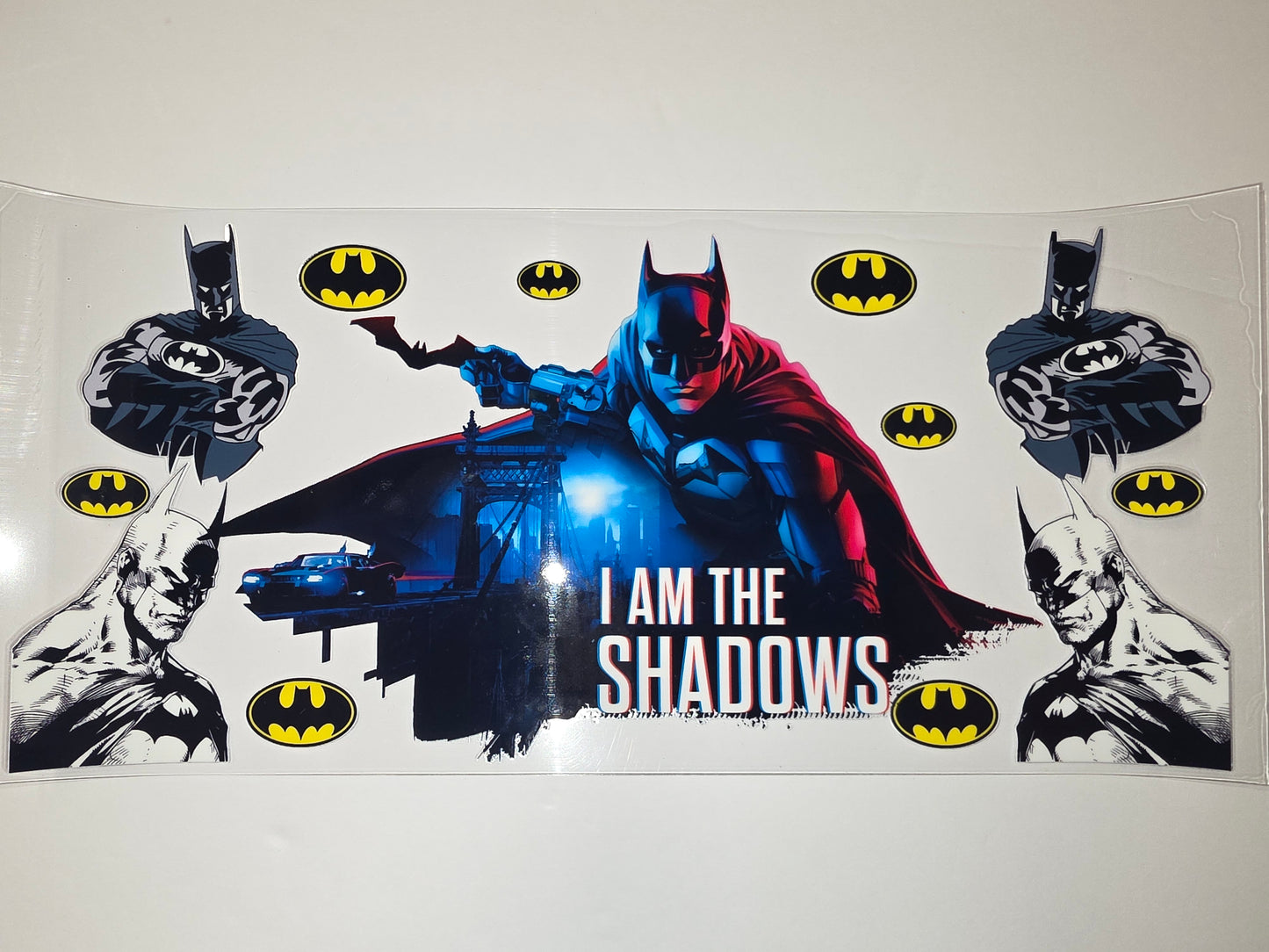 Batman "I Am The Shadows" Tumbler Wrap - Dark Blue, Red, Black & Yellow Comic Style