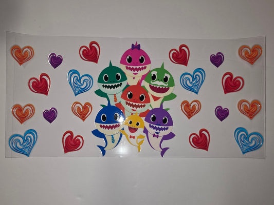Baby Shark Family Tumbler Wrap | Cute Cartoon Sharks & Hearts Design | Kids Drinkware Decal