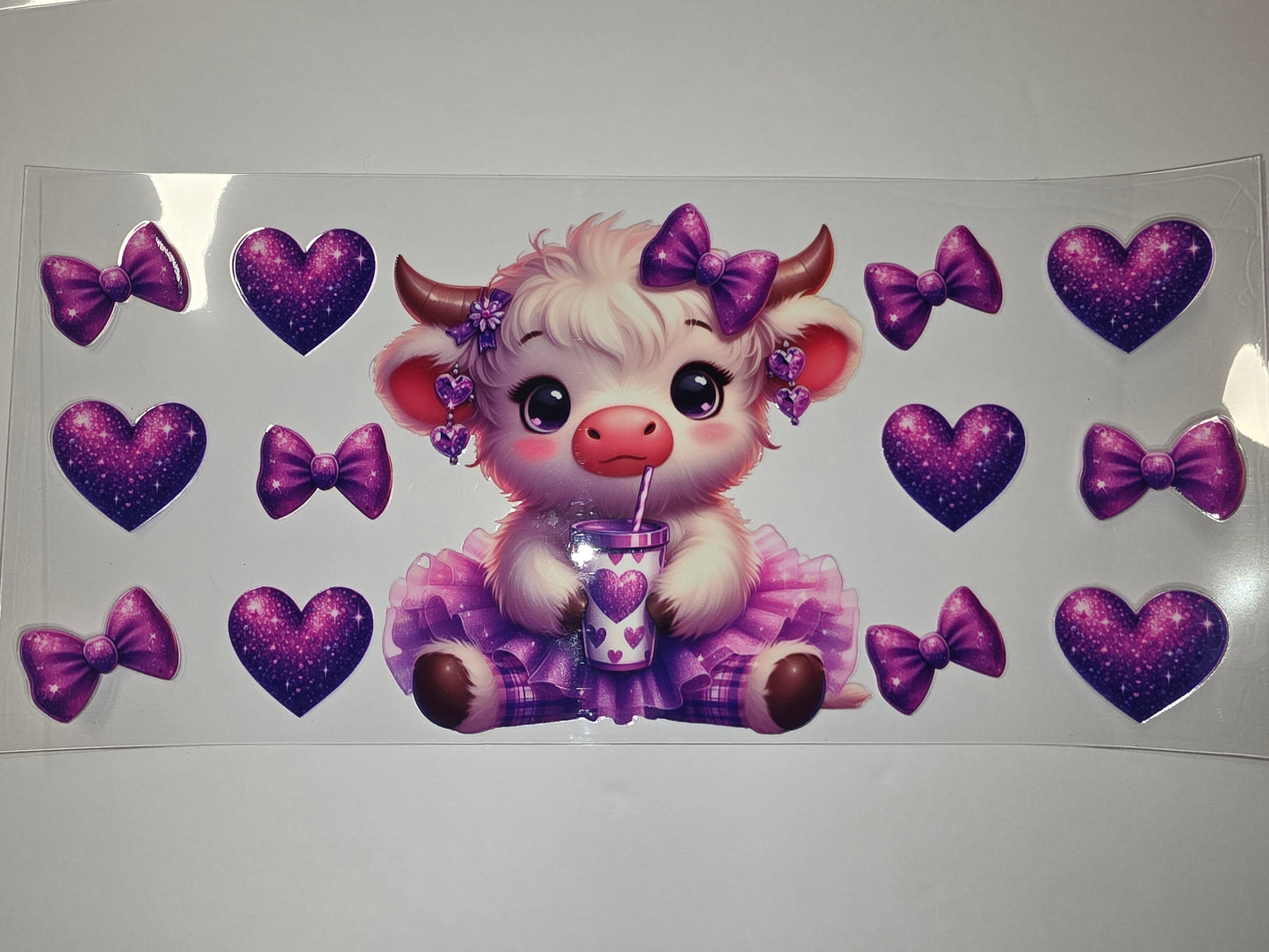 Cute Purple Cow Tumbler Wrap with Glitter Hearts & Bows - Sublimation Design