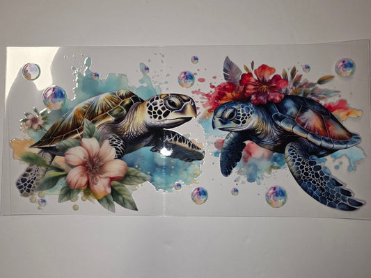 Watercolor Sea Turtle Tumbler Wrap - Floral & Bubble Design - Ocean Life Drinkware
