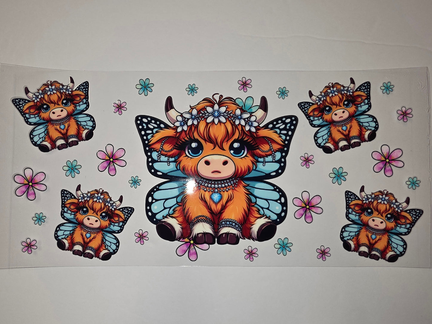 Cute Highland Cow Butterfly Wings Flower Crown Tumbler Wrap - Whimsical Farm Animal Drinkware Design