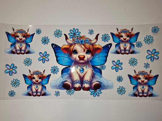 Whimsical Highland Cow Fairy Butterfly Tumbler Wrap - Blue Floral Design