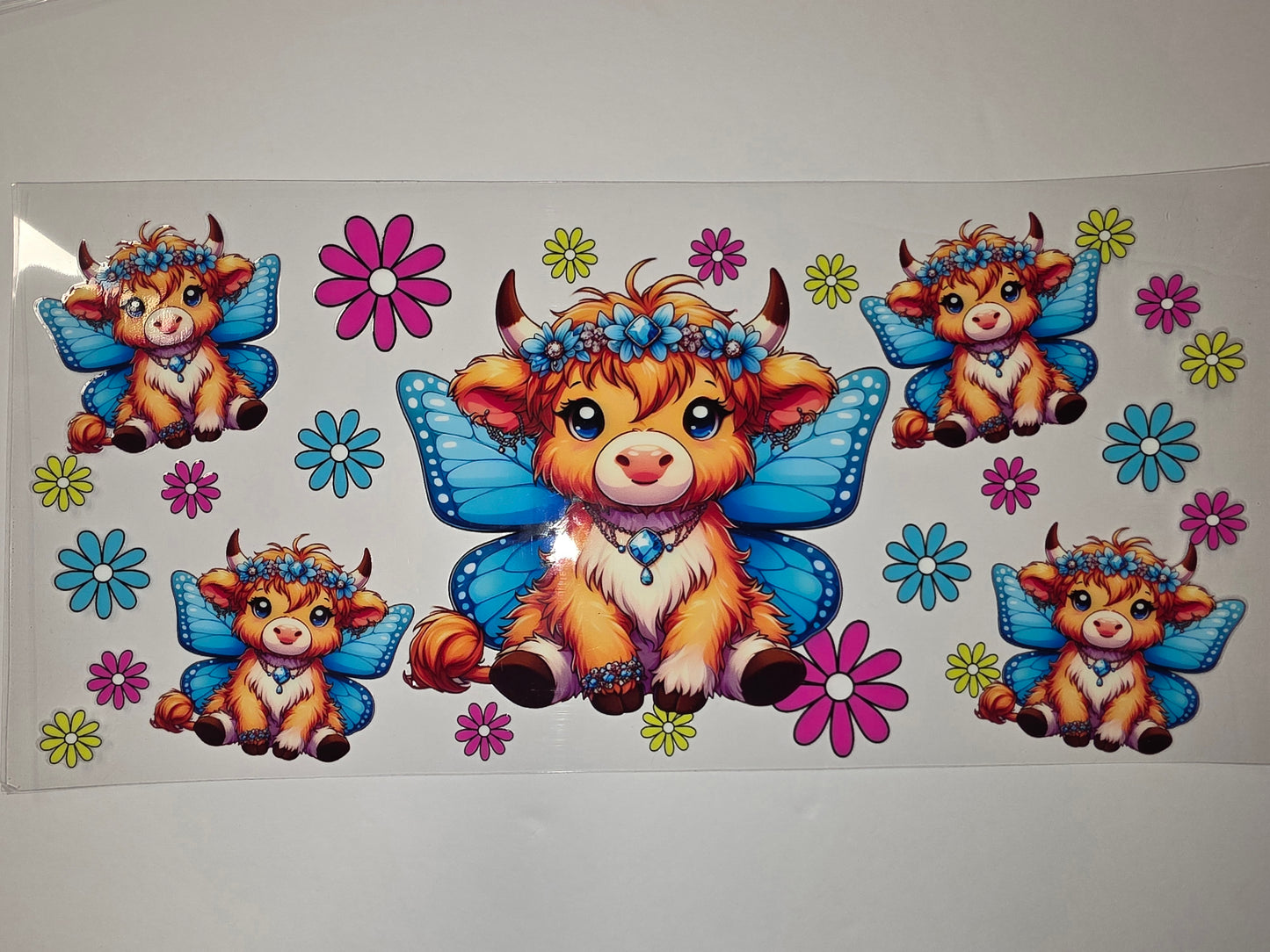 Cute Highland Cow Fairy Butterfly Wings Tumbler Wrap - Whimsical Farm Animal Drinkware Design