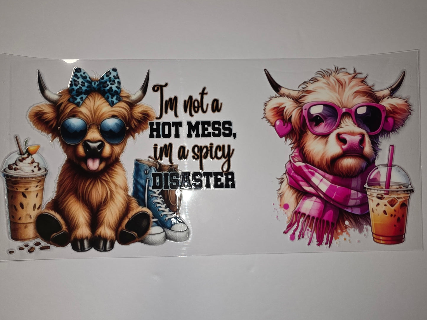 Highland Cow Tumbler Wrap - "Hot Mess Spicy Disaster" - Blue Leopard Bow & Pink Sunglasses