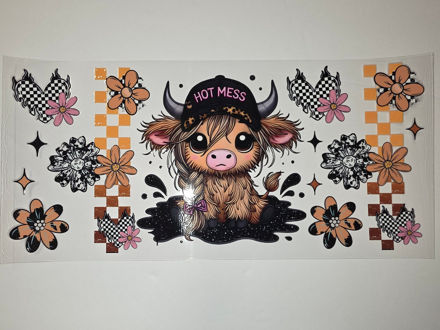 Cute Highland Cow "Hot Mess" Tumbler Wrap - Retro Flowers & Checkerboard Design