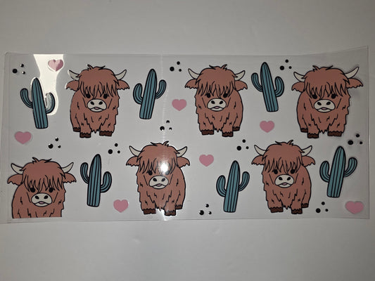 Cute Highland Cow & Cactus Tumbler Wrap | Pink Heart Desert Vibes Sublimation Design