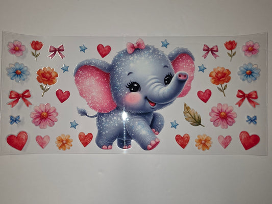 Cute Baby Elephant Tumbler Wrap with Flowers, Hearts & Bows - Pink & Blue Watercolor Style