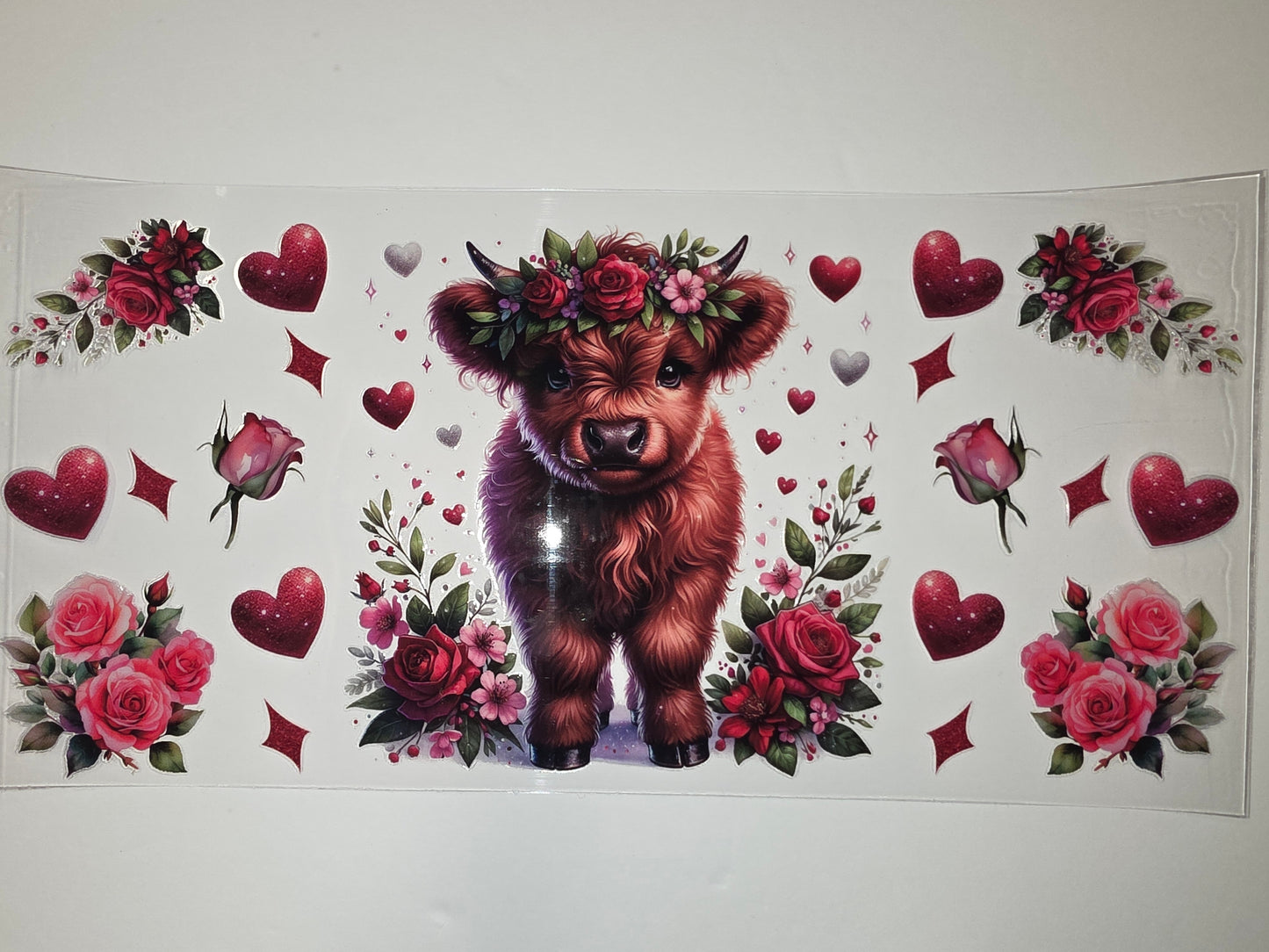 Cute Highland Cow Floral Heart Tumbler Wrap | Red Roses & Pink Flowers | Valentine's Day Drinkware Design