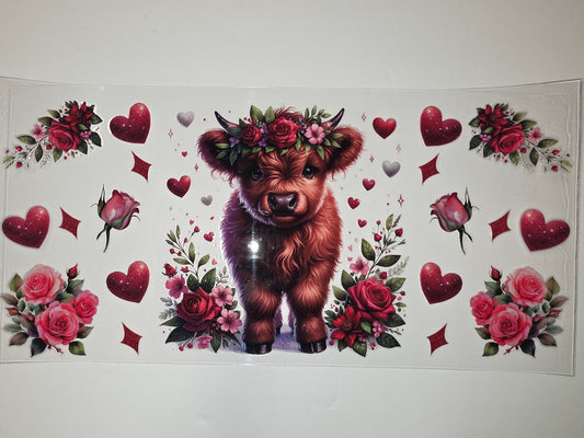 Cute Highland Cow Floral Heart Tumbler Wrap | Red Roses & Pink Flowers | Valentine's Day Drinkware Design