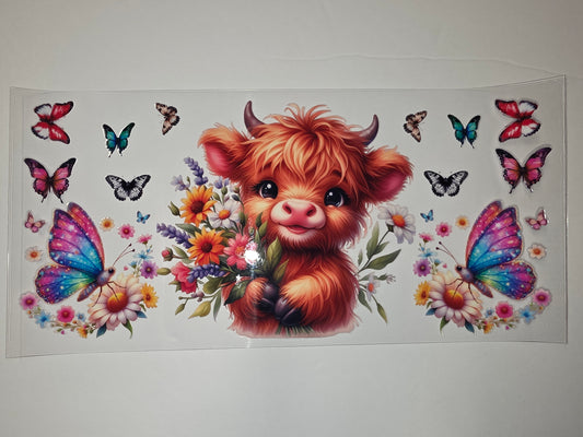 Cute Highland Cow & Butterfly Tumbler Wrap | Floral & Whimsical Design
