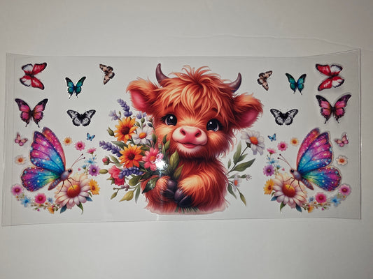 Cute Highland Cow & Butterfly Tumbler Wrap | Whimsical Floral Design | Vibrant Colors