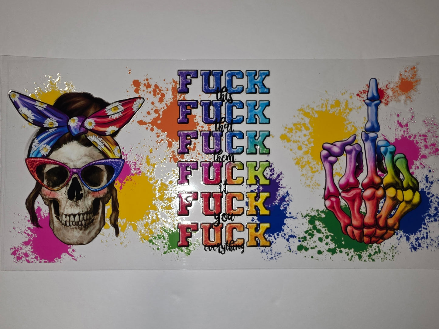 Rainbow Skull & Middle Finger Tumbler Wrap - Edgy, Colorful, Sublimation Design