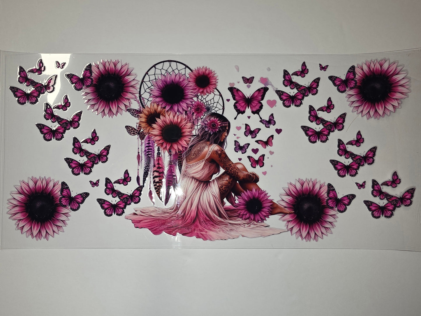 Bohemian Dreamcatcher Butterfly Sunflower Tumbler Wrap | Pink & Purple Floral Drinkware Design