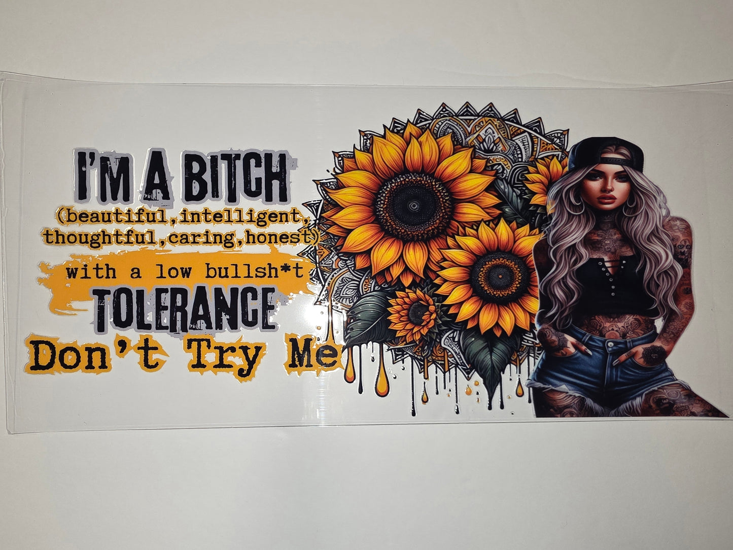 Sunflower Tattooed Woman "I'm A Bitch" Tumbler Wrap | Bold & Sassy Drinkware Design