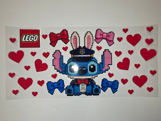 Pixelated Stitch Police Officer Tumbler Wrap | Red Hearts & Bows | Cute Character Drinkware Design