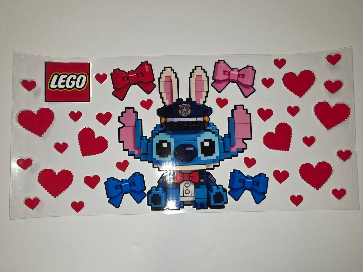 Pixelated Stitch Tumbler Wrap - Blue, Pink, Red Hearts & Bows - LEGO Style