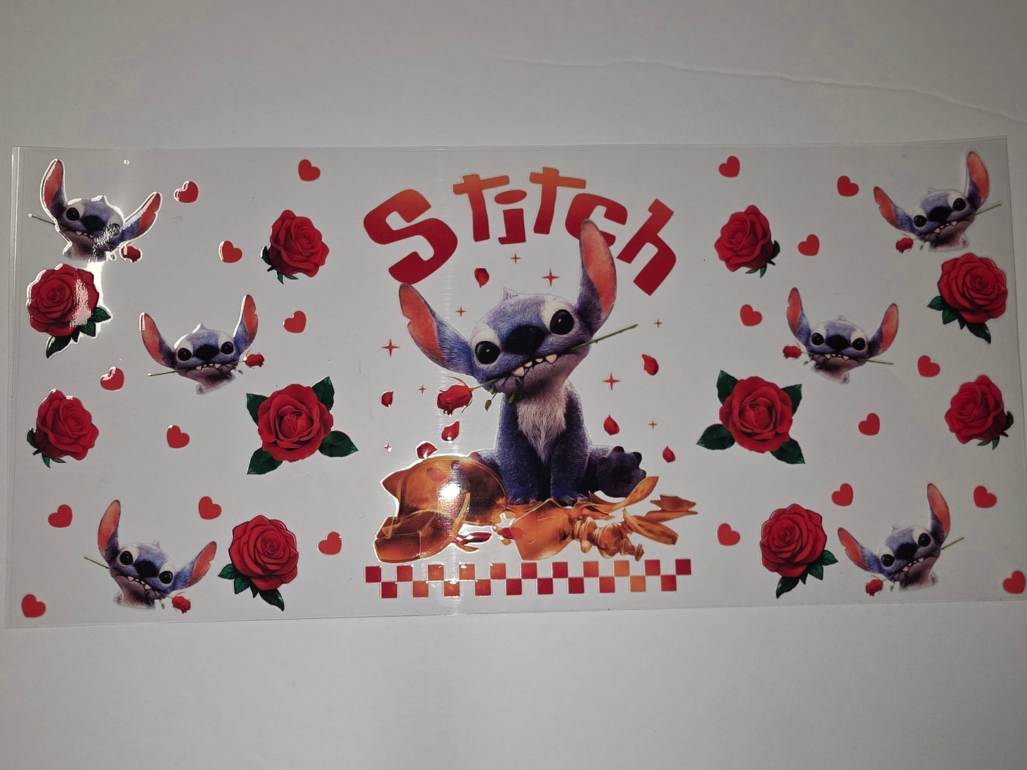 Cute Stitch with Roses and Hearts Tumbler Wrap | Cartoon Character Drinkware Design