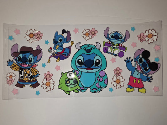Cute Stitch & Friends Tumbler Wrap | Disney Characters, Flowers, Stars | Blue, Pink, Teal