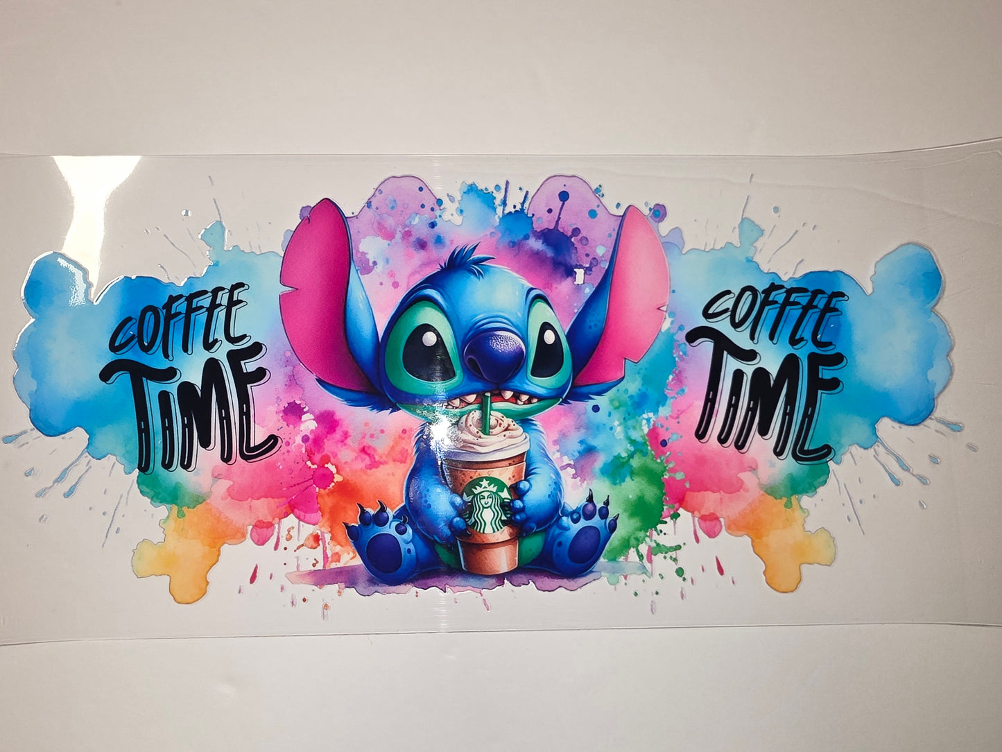 Cute Stitch Coffee Time Tumbler Wrap - Watercolor Splash Design