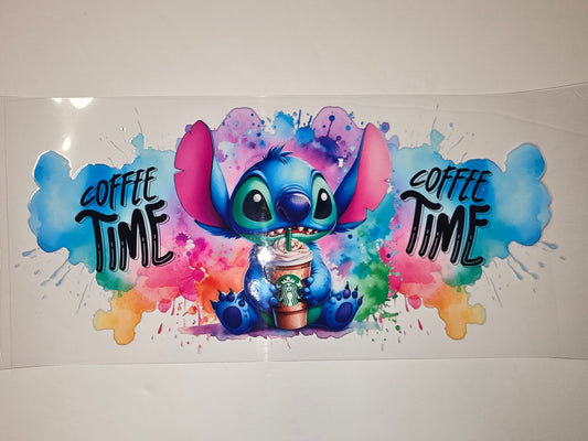 Cute Stitch "Coffee Time" Tumbler Wrap - Watercolor Splash Design