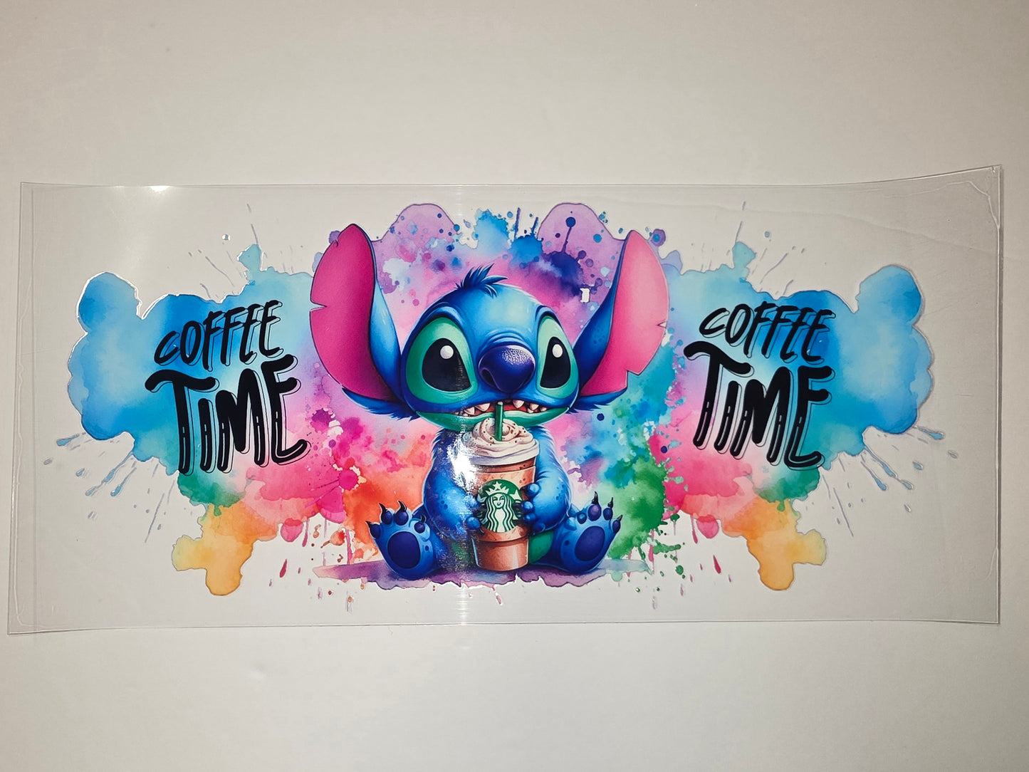 Cute Stitch "Coffee Time" Tumbler Wrap - Watercolor Splash Design