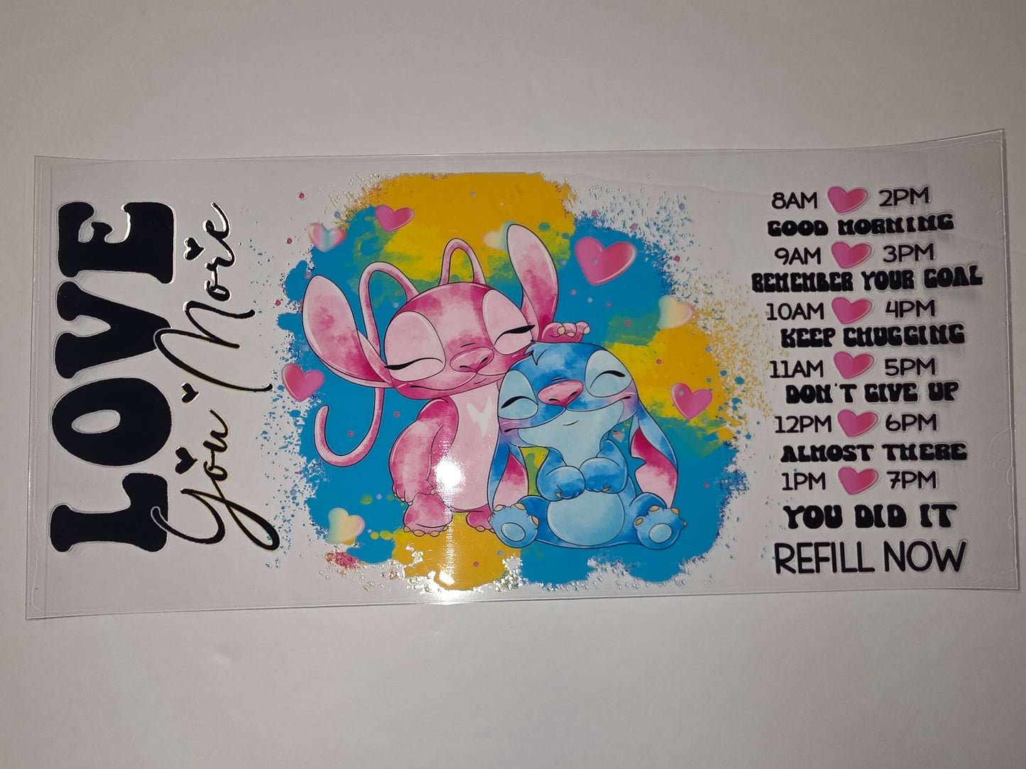 Cute Angel & Stitch "Love You More" Tumbler Wrap with Hydration Tracker - Pink, Blue, Yellow