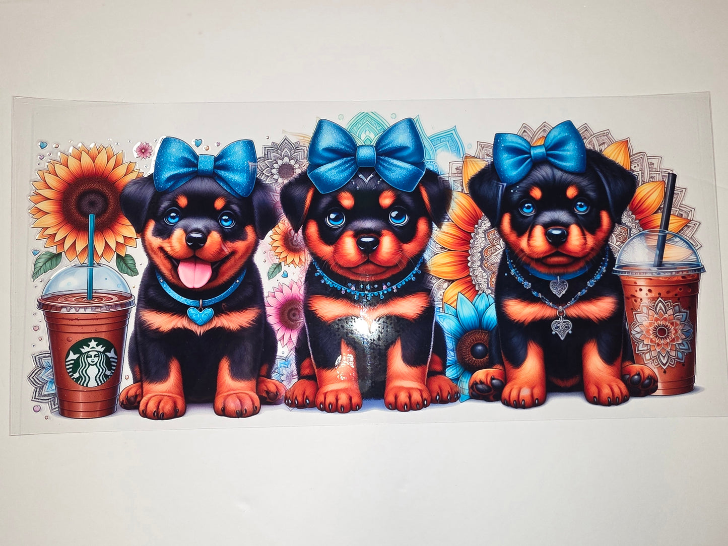 Cute Rottweiler Puppies with Blue Bows & Sunflowers Tumbler Wrap | Coffee Lover Dog Design