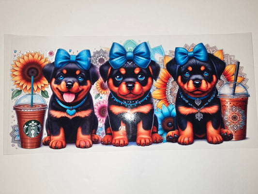 Cute Rottweiler Puppies with Blue Bows & Sunflowers Tumbler Wrap | Coffee Lover Dog Design