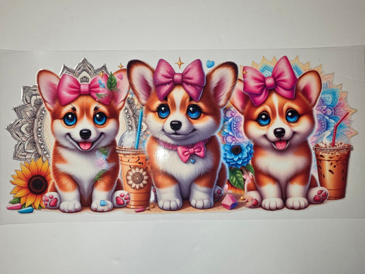 Cute Corgi Puppy Tumbler Wrap - Pink Bows, Coffee Cups & Mandalas