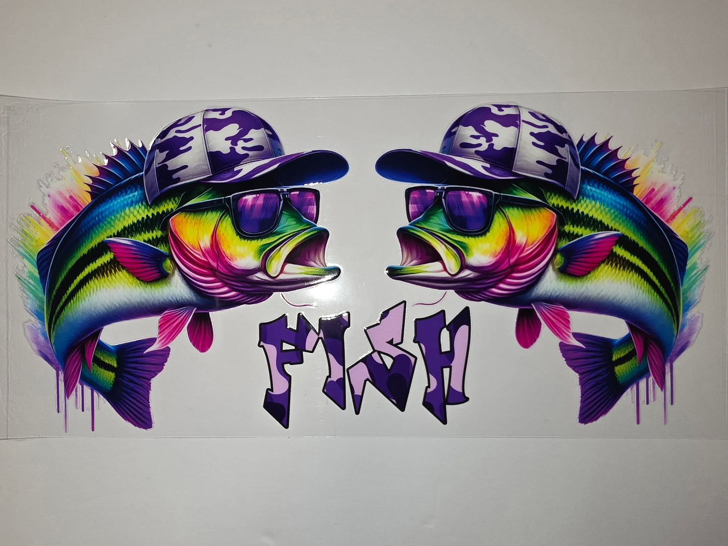 Cool Fish Tumbler Wrap - Vibrant Rainbow Bass with Purple Camo Hat & Sunglasses