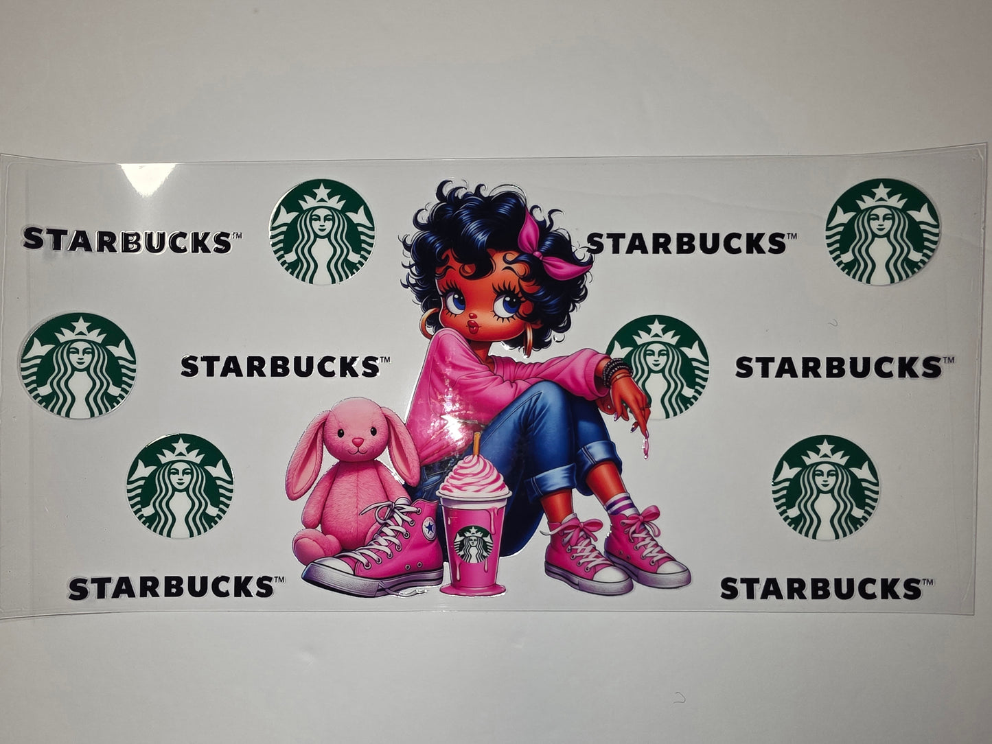 Cute Girl with Pink Bunny & Starbucks Tumbler Wrap | Coffee Lover Drinkware Design