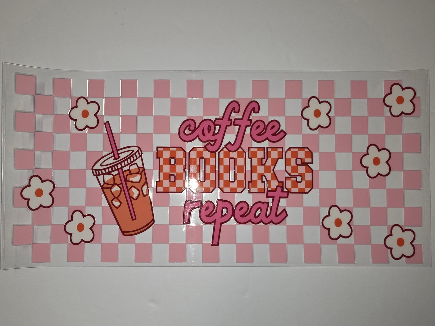 Pink Checkerboard Coffee Books Repeat Tumbler Wrap | Cute Flower & Iced Coffee Design