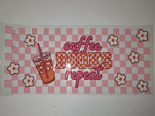 Pink Checkerboard Coffee Books Repeat Tumbler Wrap | Cute Flower & Iced Coffee Design