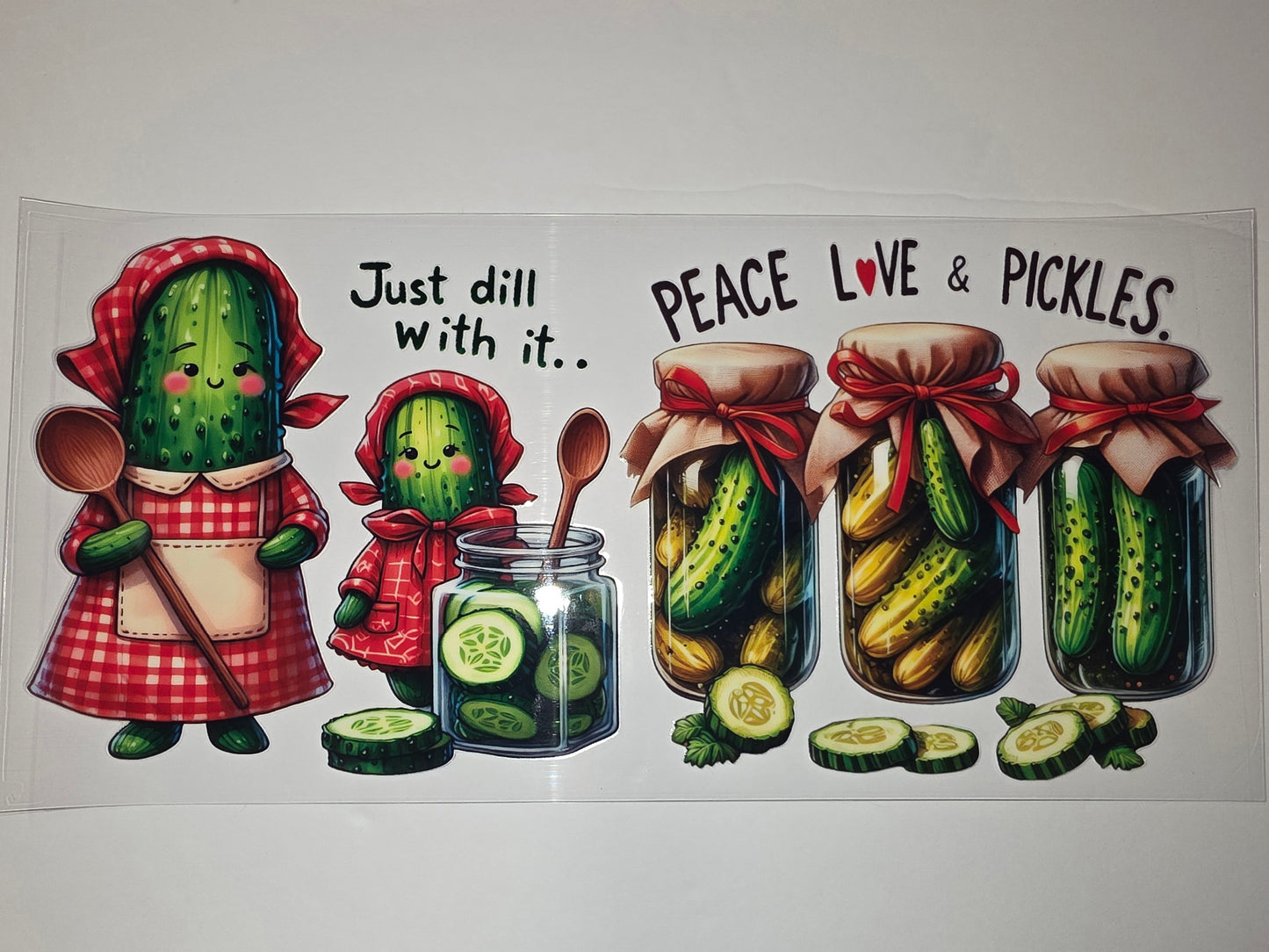 Cute Pickle Family Tumbler Wrap - "Just Dill With It" & "Peace Love Pickles" - Green & Red Gingham