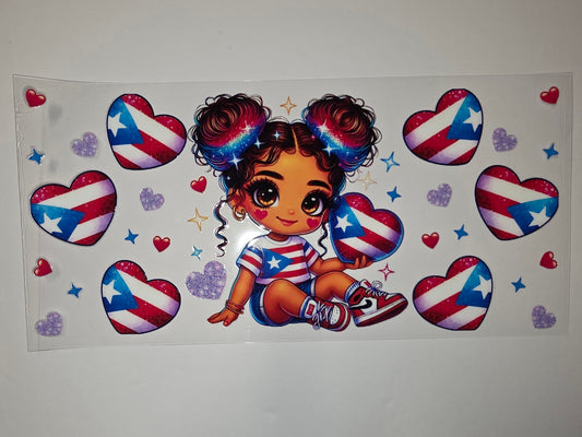 Puerto Rican Girl & Flag Heart Tumbler Wrap | Red, White, Blue, Sparkle Design