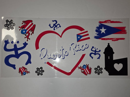 Puerto Rico Tumbler Wrap - Coqui Frog, Flag, Heart & Taino Art - Red, Blue, White