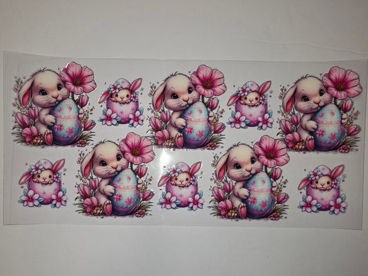 Cute Easter Bunny Tumbler Wrap - Pink Flowers & Blue Eggs - Sublimation Design
