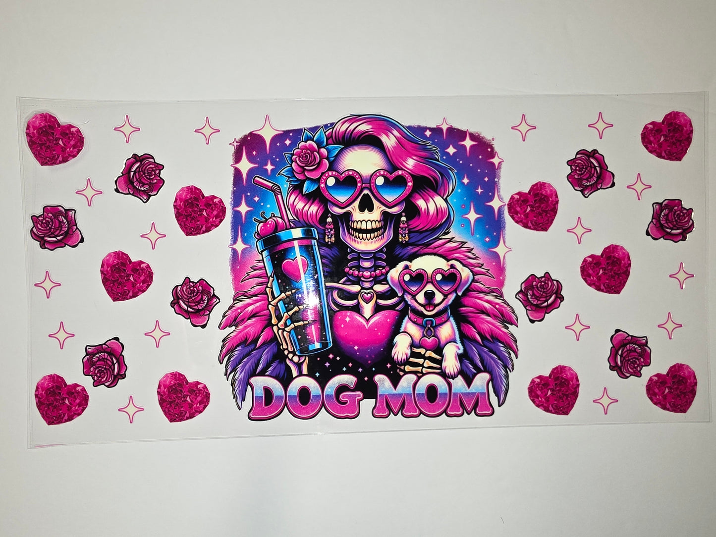 Pink Skeleton Dog Mom Tumbler Wrap - Heart Sunglasses, Roses, Stars - Sublimation Design