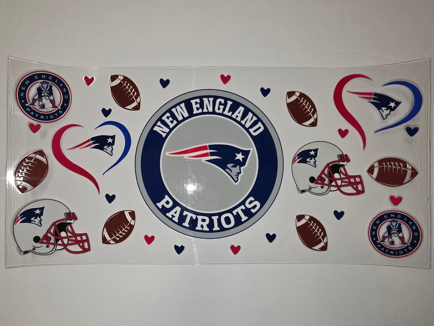 New England Patriots Tumbler Wrap - Football Helmets, Logos & Hearts - Red, White, Blue