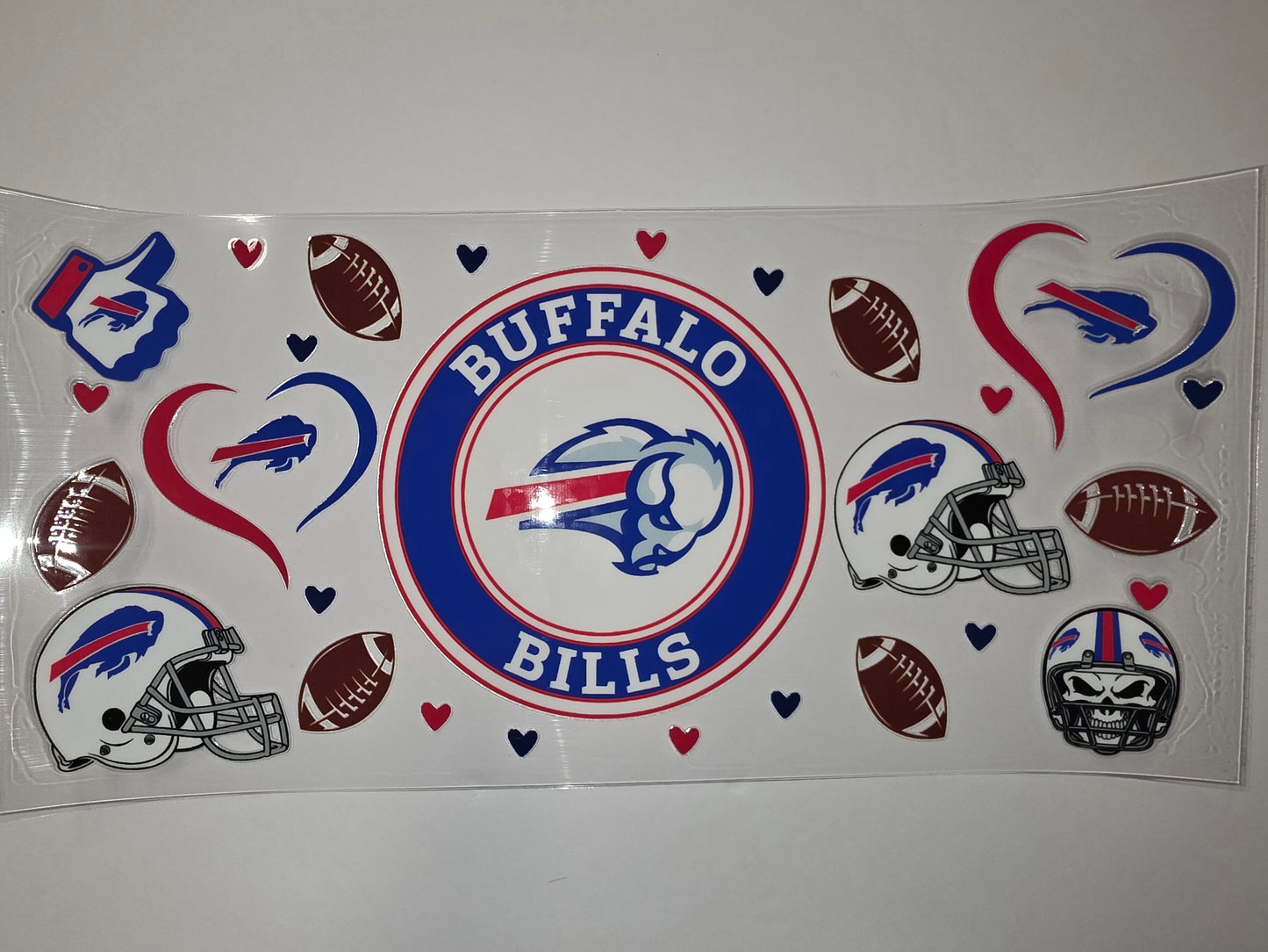Buffalo Bills Tumbler Wrap - Football Helmets, Hearts & Logos - Blue, Red & White