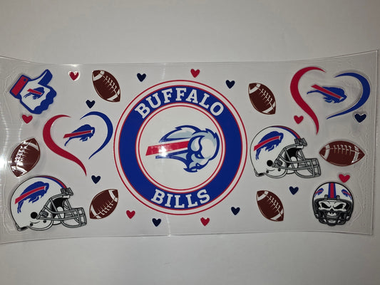 Buffalo Bills Tumbler Wrap - Football Helmets, Hearts & Logos - Blue, Red & White