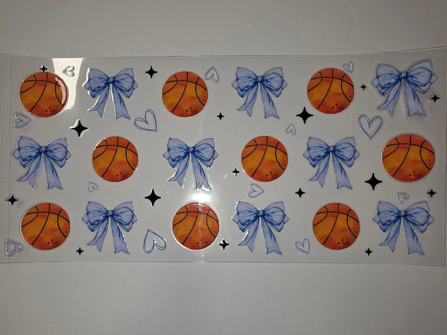 Basketball Bows Tumbler Wrap - Blue Ribbon & Orange Ball Design for Cups