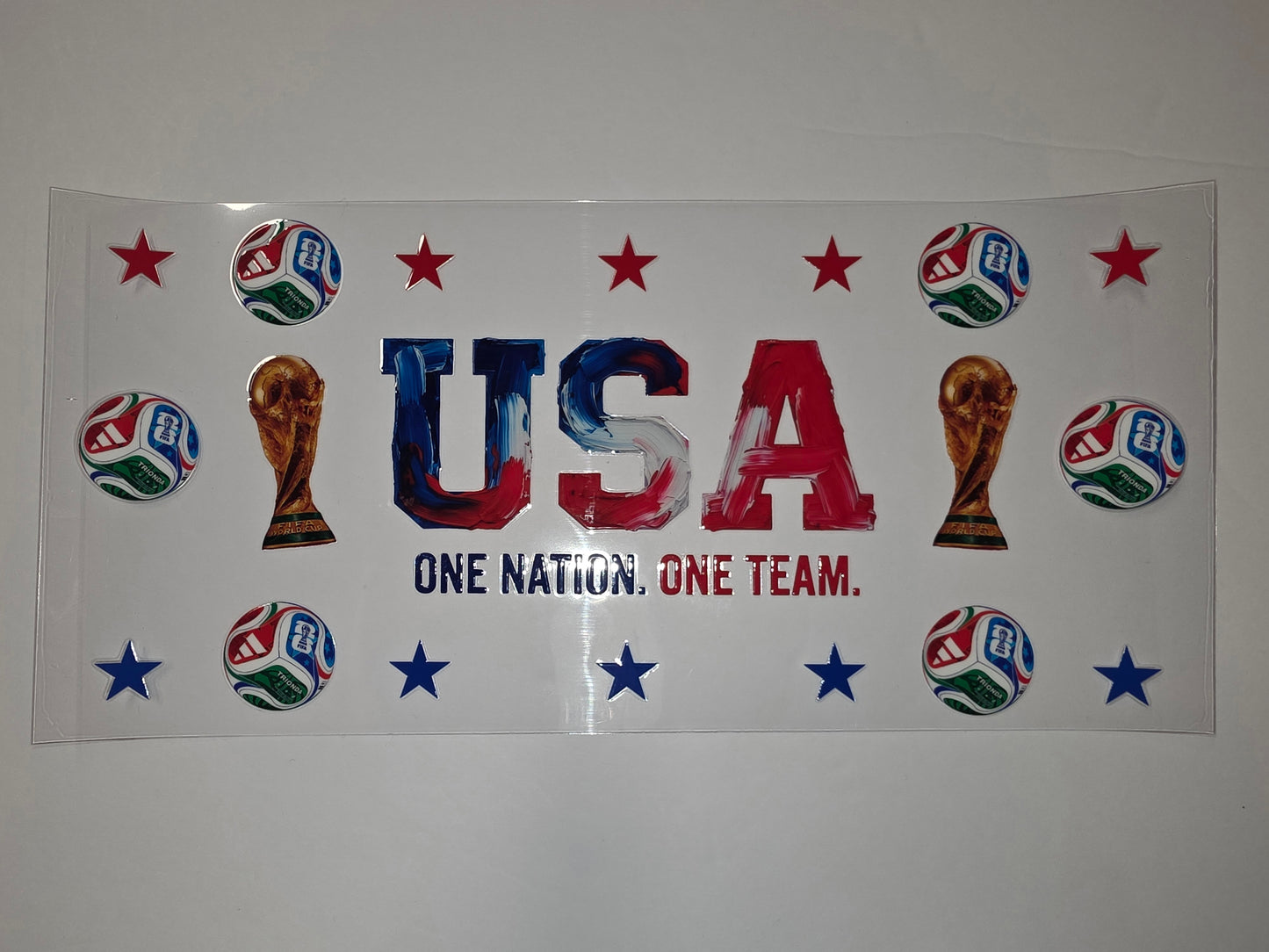 USA Soccer World Cup Tumbler Wrap - Red, White, Blue Stars & Trophy Design