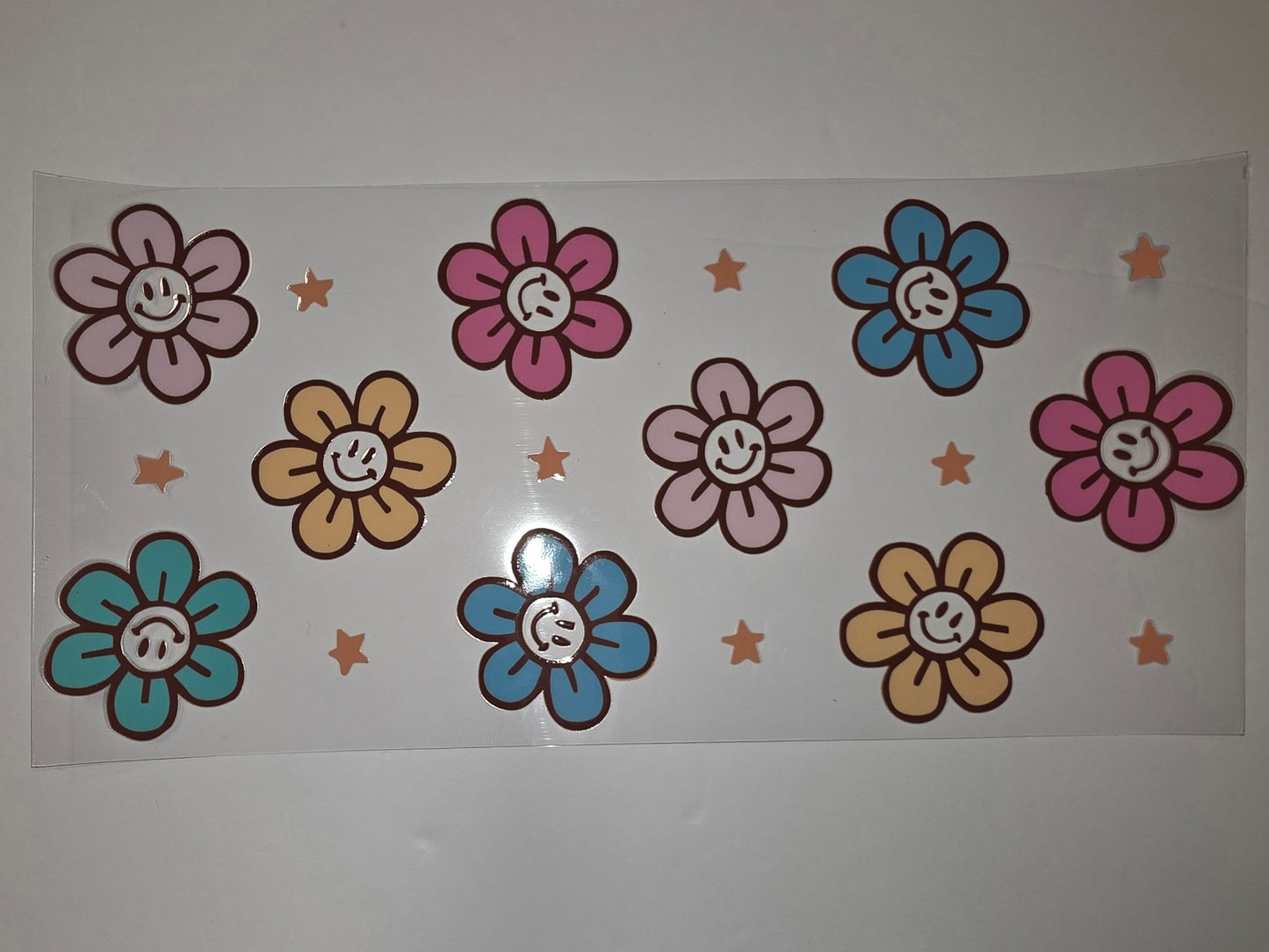 Groovy Smiley Flower Tumbler Wrap - Pink, Blue, Yellow, Teal & Orange Stars