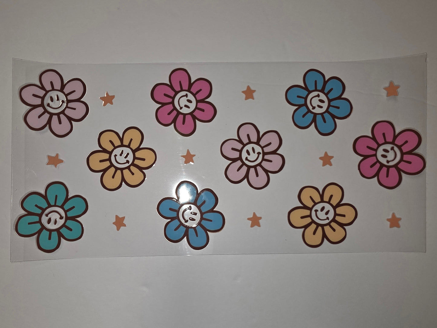 Groovy Smiley Flower Tumbler Wrap - Pink, Blue, Yellow & Orange Stars